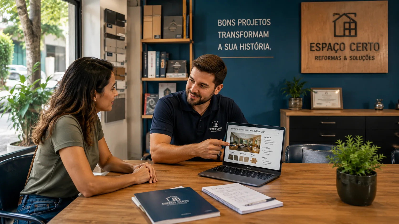 Atendimento claro e profissional ajudando o cliente a avaliar o serviço com confiança.