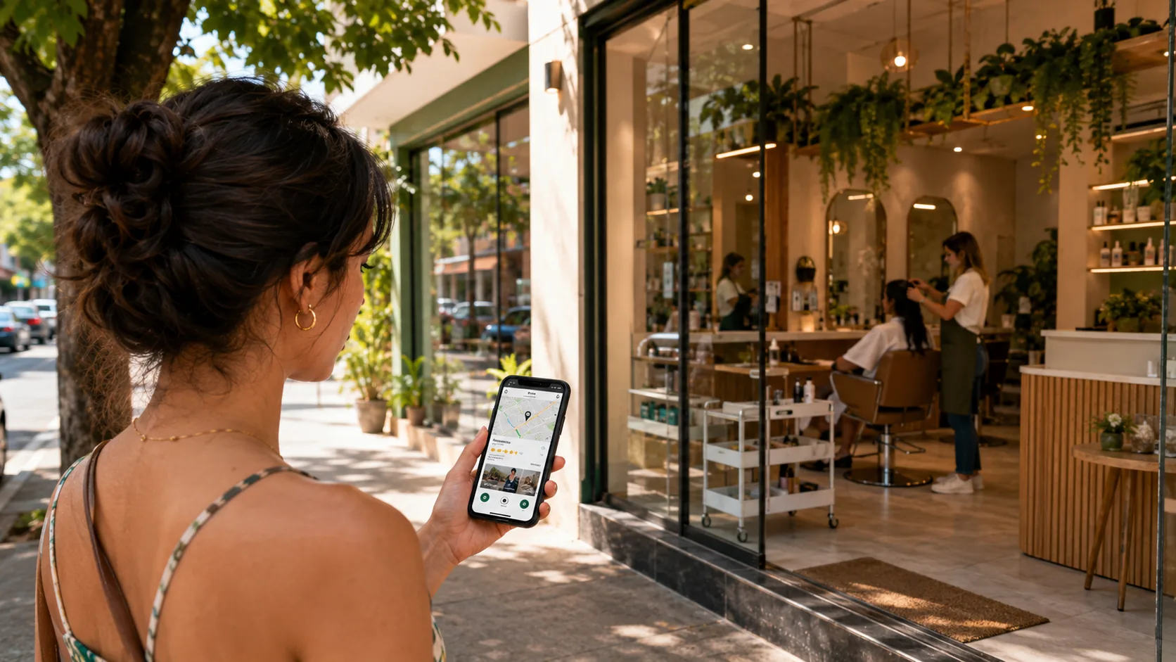 Cliente localizando uma estética próxima pelo celular antes de entrar no estabelecimento.