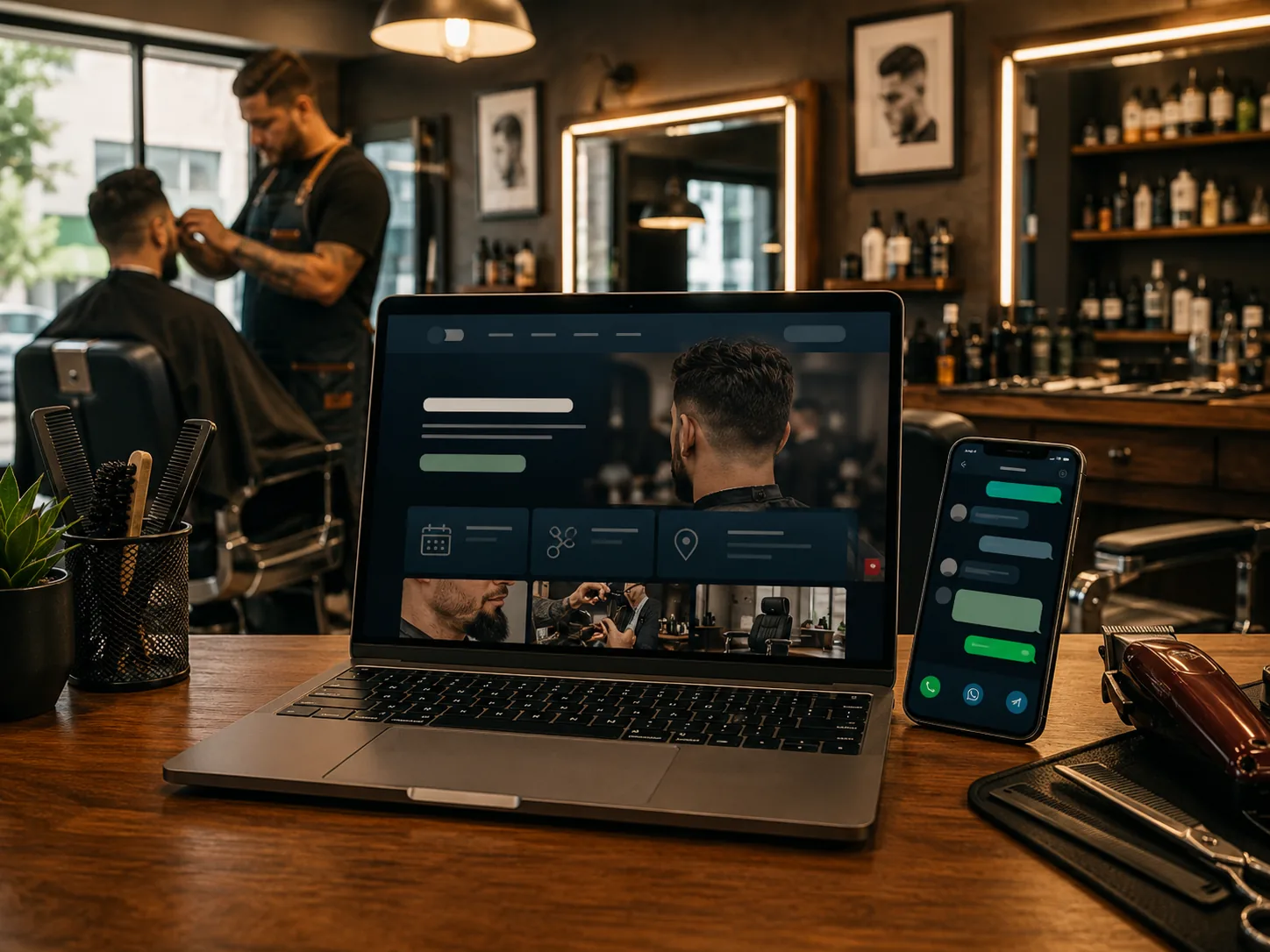 Presença digital profissional de uma barbearia apresentada em computador e celular.